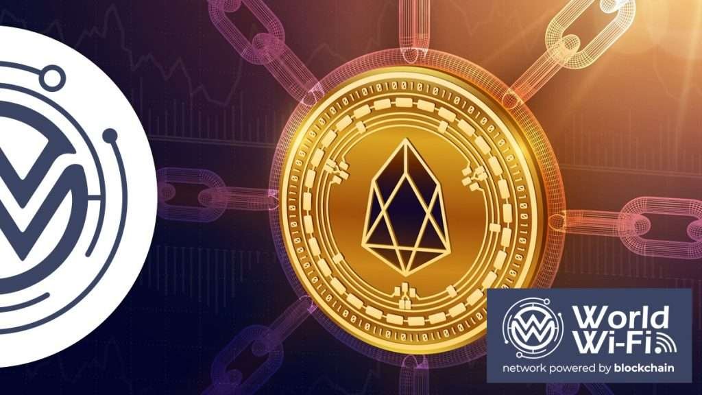 EOS coin at the center of a blockchain